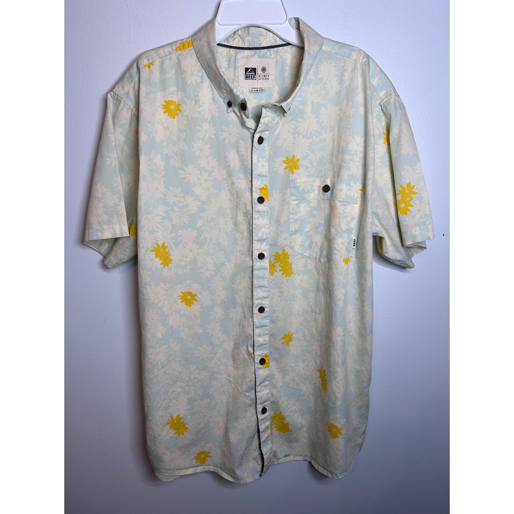 Reef Mens Large Short Sleeve Button Down Shirt Blue Yellow Floral Tropical Palm
